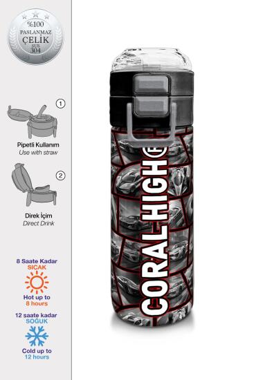Coral High Kids Siyah Kırmızı Araba Desenli Pipetli ve Direkt İçim Çelik Termos 500 ml 31867 - Coral High KIDS