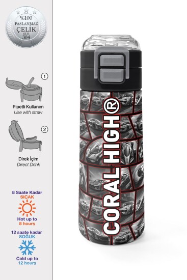 Coral High Kids Siyah Kırmızı Araba Desenli Pipetli ve Direkt İçim Çelik Termos 500 ml 31867 - Coral High KIDS