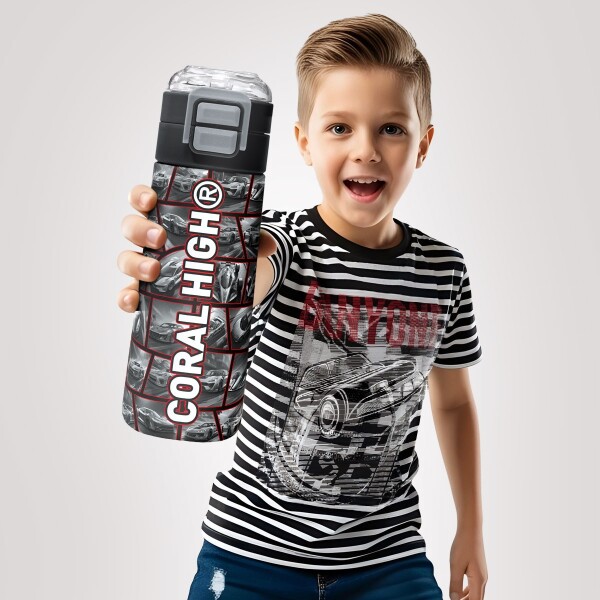 Coral High Kids Siyah Kırmızı Araba Desenli Pipetli ve Direkt İçim Çelik Termos 500 ml 31867 - 4