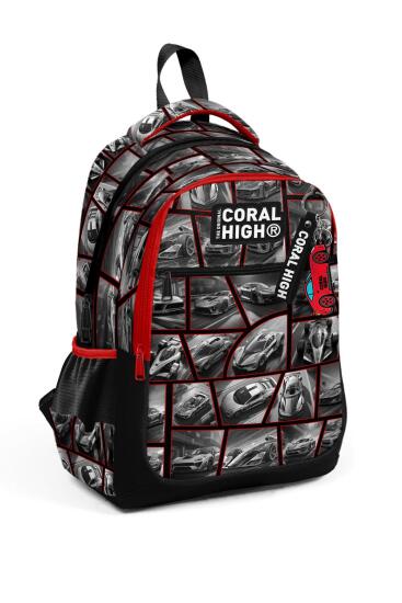 Coral High Kids Siyah Kırmızı Araba Desenli Üç Bölmeli Okul Sırt Çantası 14429 