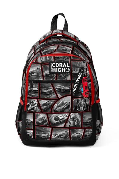 Coral High Kids Siyah Kırmızı Araba Desenli Üç Bölmeli Okul Sırt Çantası 14429 - 5