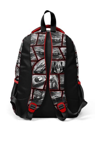 Coral High Kids Siyah Kırmızı Araba Desenli Üç Bölmeli Okul Sırt Çantası 14429 - 2