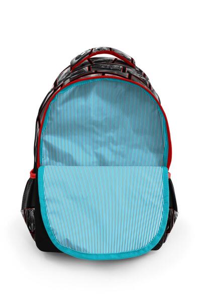 Coral High Kids Siyah Kırmızı Araba Desenli Üç Bölmeli Okul Sırt Çantası 14429 - 5