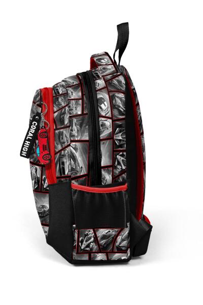 Coral High Kids Siyah Kırmızı Araba Desenli Üç Bölmeli Okul Sırt Çantası 14429 - 7