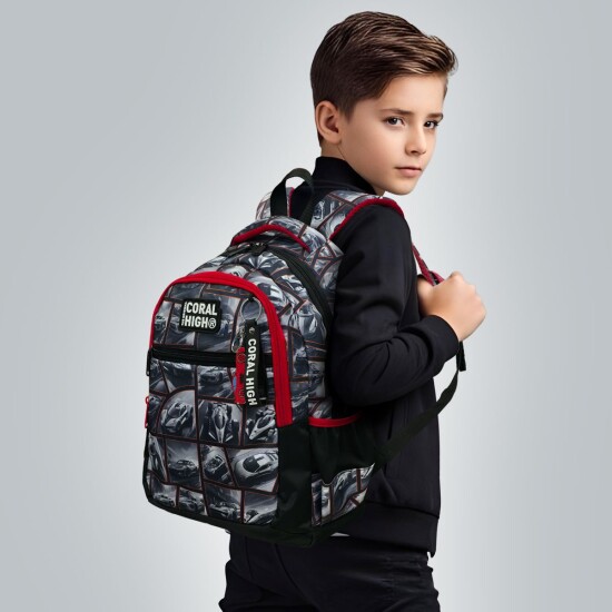 Coral High Kids Siyah Kırmızı Araba Desenli Üç Bölmeli Okul Sırt Çantası 14429 - Coral High