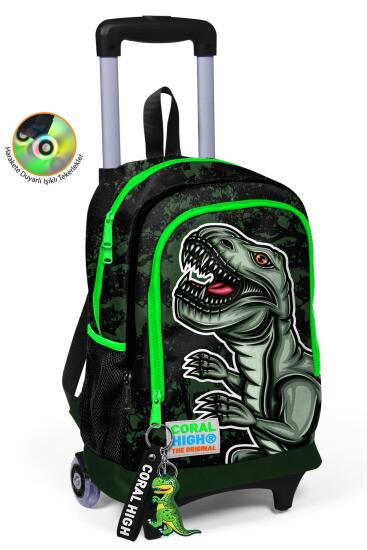Coral High Kids Koyu Yeşil Siyah Dinozor Desenli Üç Bölmeli Çekçekli Sırt Çantası 23925 