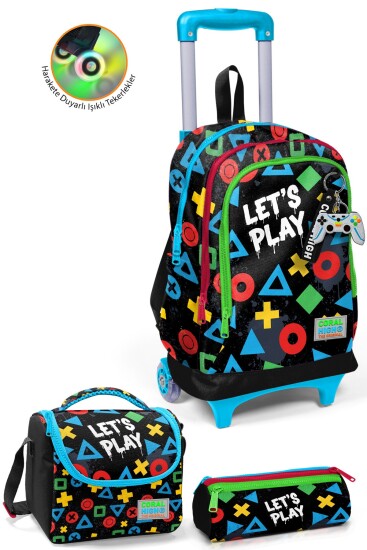 Coral High Kids Siyah Lets Play Desenli Çekçekli 3'lü Çanta Seti SET0134014 