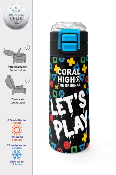 Coral High Kids Siyah Lets Play Desenli Pipetli ve Direkt İçim Çelik Termos 500 ml 38114 - 1