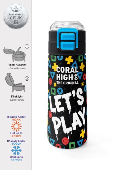 Coral High Kids Siyah Lets Play Desenli Pipetli ve Direkt İçim Çelik Termos 500 ml 38114 