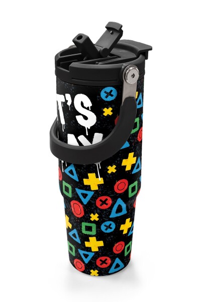 Coral High Kids Siyah Lets Play Desenli Pipetli ve Direkt İçim Çelik Termos 900 ml 38728 - 2