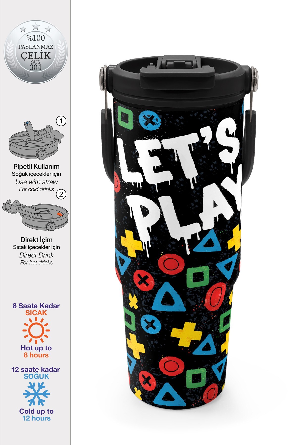 Coral High Kids Siyah Lets Play Desenli Pipetli ve Direkt İçim Çelik Termos 900 ml 38728