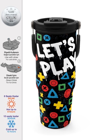 Coral High Kids Siyah Lets Play Desenli Pipetli ve Direkt İçim Çelik Termos 900 ml 38728 - Coral High