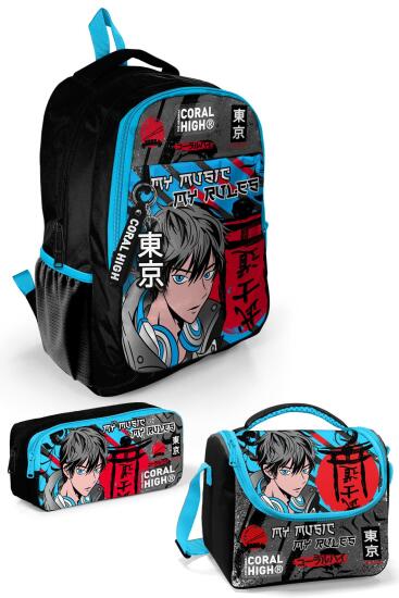 Coral High Kids Siyah Mavi Anime Desenli 3’lü Okul Çanta Seti SET0123666 - Coral High