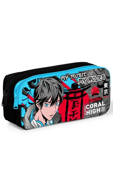 Coral High Kids Siyah Mavi Anime Desenli İki Bölmeli Kalem Çantası 12076 - Coral High KIDS