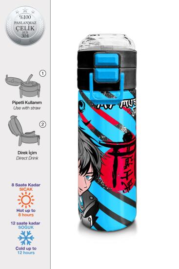 Coral High Kids Siyah Mavi Anime Desenli Pipetli ve Direkt İçim Çelik Termos 500 ml 31840 - Coral High KIDS