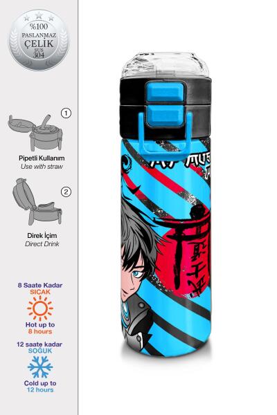 Coral High Kids Siyah Mavi Anime Desenli Pipetli ve Direkt İçim Çelik Termos 500 ml 31840 - 1