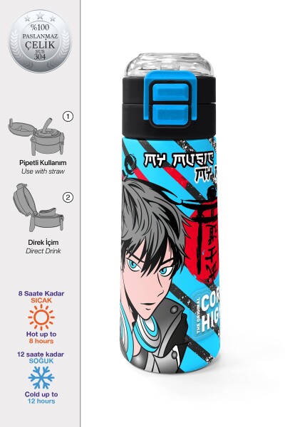 Coral High Kids Siyah Mavi Anime Desenli Pipetli ve Direkt İçim Çelik Termos 500 ml 31840 - 1