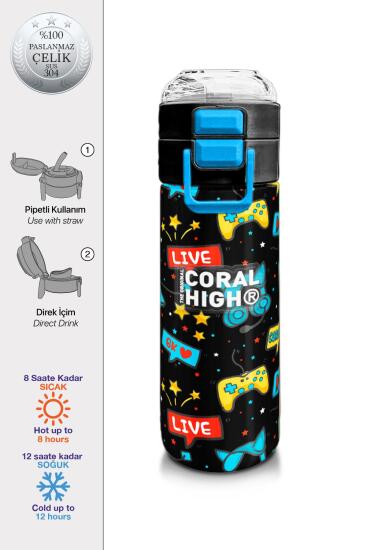Coral High Kids Siyah Mavi Gamer Desenli Pipetli ve Direkt İçim Çelik Termos 500 ml 31984 - Coral High KIDS