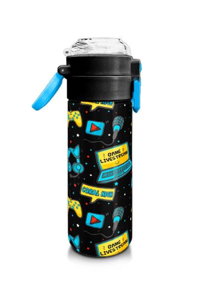 Coral High Kids Siyah Mavi Gamer Desenli Pipetli ve Direkt İçim Çelik Termos 500 ml 31984 - 2