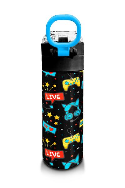 Coral High Kids Siyah Mavi Gamer Desenli Pipetli ve Direkt İçim Çelik Termos 500 ml 31984 - 3