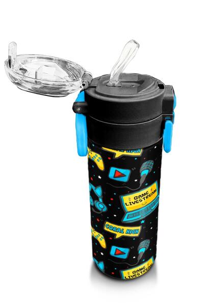 Coral High Kids Siyah Mavi Gamer Desenli Pipetli ve Direkt İçim Çelik Termos 500 ml 31984 - 5