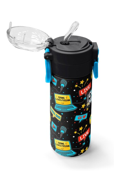 Coral High Kids Siyah Mavi Gamer Desenli Pipetli ve Direkt İçim Çelik Termos 500 ml 31984 - 5