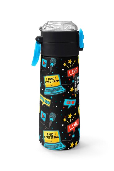 Coral High Kids Siyah Mavi Gamer Desenli Pipetli ve Direkt İçim Çelik Termos 500 ml 31984 - 2