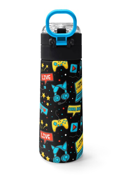 Coral High Kids Siyah Mavi Gamer Desenli Pipetli ve Direkt İçim Çelik Termos 500 ml 31984 - 4
