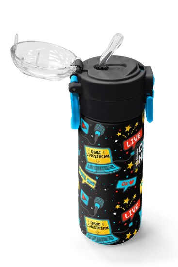 Coral High Kids Siyah Mavi Gamer Desenli Pipetli ve Direkt İçim Çelik Termos 500 ml 31984 - 5