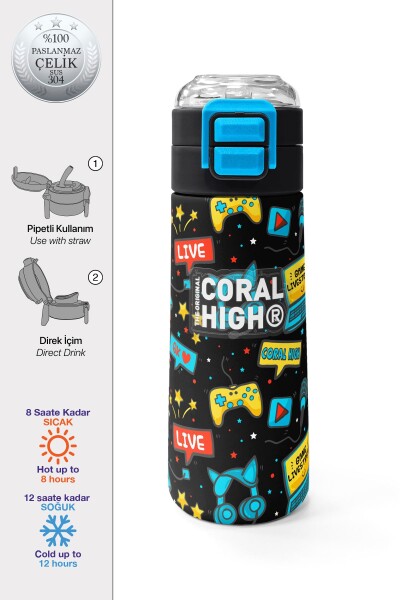 Coral High Kids Siyah Mavi Gamer Desenli Pipetli ve Direkt İçim Çelik Termos 500 ml 31984 - 1
