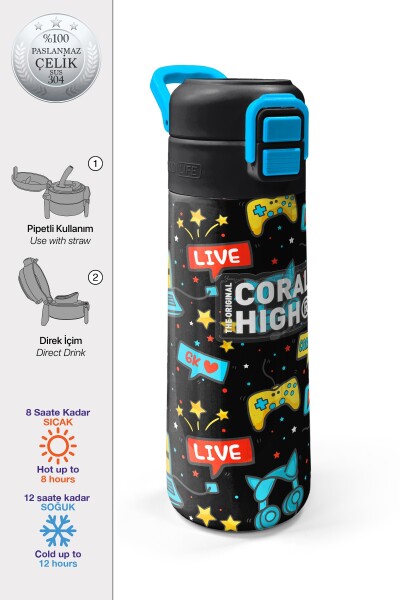 Coral High Kids Siyah Mavi Gamer Desenli Pipetli ve Direkt İçim Çelik Termos 500 ml 31984 - 1