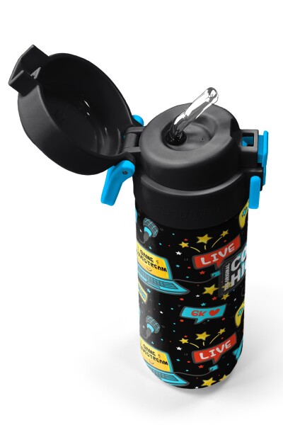 Coral High Kids Siyah Mavi Gamer Desenli Pipetli ve Direkt İçim Çelik Termos 500 ml 31984 - 2
