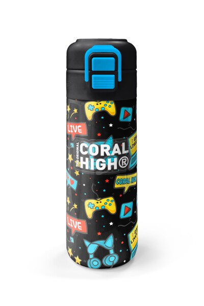 Coral High Kids Siyah Mavi Gamer Desenli Pipetli ve Direkt İçim Çelik Termos 500 ml 31984 - 4