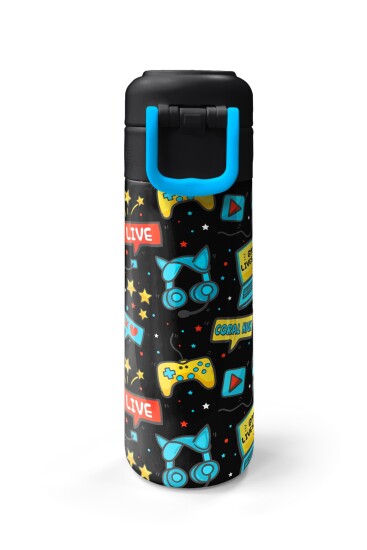 Coral High Kids Siyah Mavi Gamer Desenli Pipetli ve Direkt İçim Çelik Termos 500 ml 31984 - 7