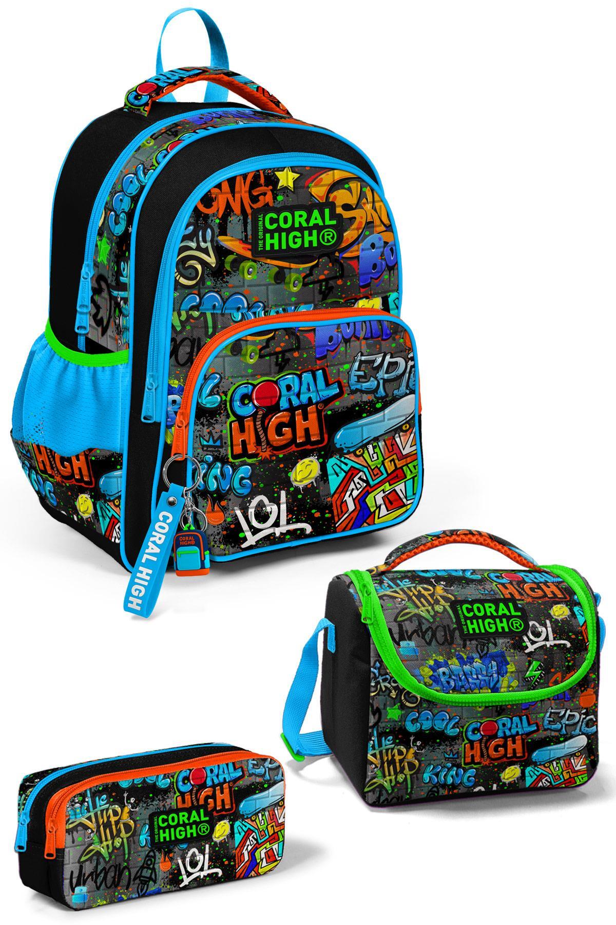 Coral High Kids Siyah Mavi Grafiti Desenli 3'lü Okul Çanta Seti SET0114415