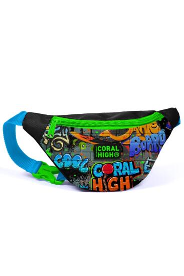 Coral High Kids Siyah Mavi Grafiti Desenli Bel Çantası 12626 - Coral High KIDS