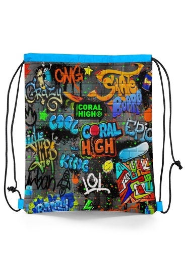 Coral High Kids Siyah Mavi Grafiti Desenli İpli Büzgülü Sırt Çantası 22673 - 1