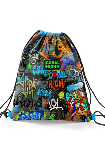 Coral High Kids Siyah Mavi Grafiti Desenli İpli Büzgülü Sırt Çantası 22673 - 3
