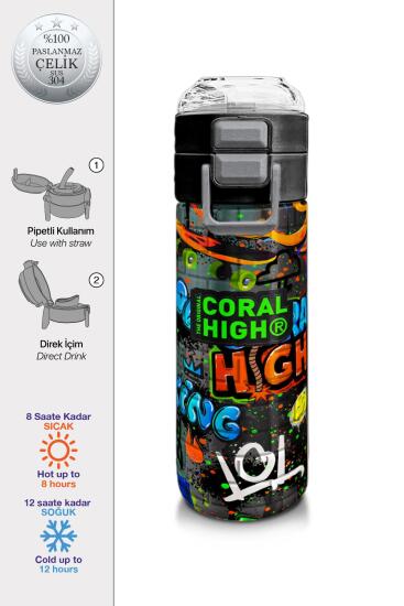 Coral High Kids Siyah Mavi Grafiti Desenli Pipetli ve Direkt İçim Çelik Termos 500 ml 31972 - Coral High KIDS
