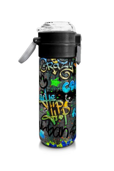 Coral High Kids Siyah Mavi Grafiti Desenli Pipetli ve Direkt İçim Çelik Termos 500 ml 31972 - 2