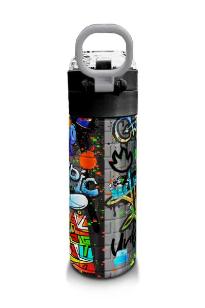 Coral High Kids Siyah Mavi Grafiti Desenli Pipetli ve Direkt İçim Çelik Termos 500 ml 31972 - 3