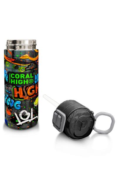 Coral High Kids Siyah Mavi Grafiti Desenli Pipetli ve Direkt İçim Çelik Termos 500 ml 31972 - 4