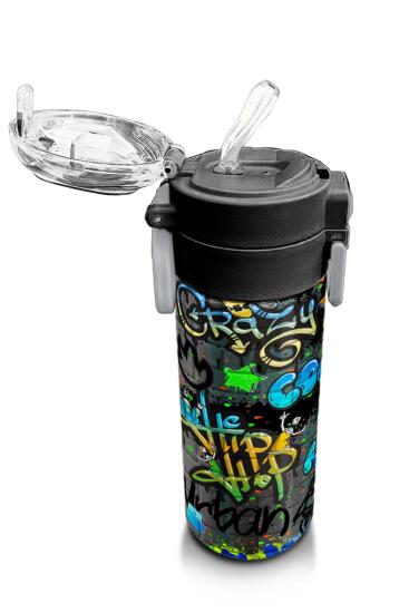 Coral High Kids Siyah Mavi Grafiti Desenli Pipetli ve Direkt İçim Çelik Termos 500 ml 31972 - 5