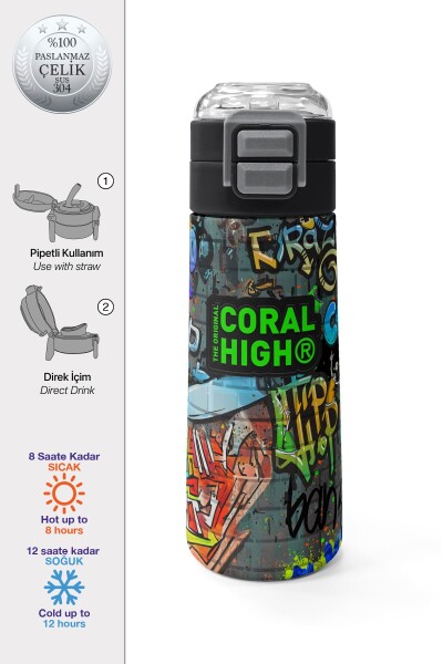 Coral High Kids Siyah Mavi Grafiti Desenli Pipetli ve Direkt İçim Çelik Termos 500 ml 31972 - 1