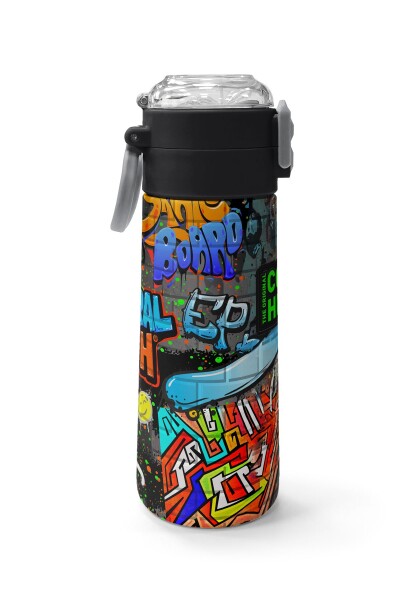 Coral High Kids Siyah Mavi Grafiti Desenli Pipetli ve Direkt İçim Çelik Termos 500 ml 31972 - 2