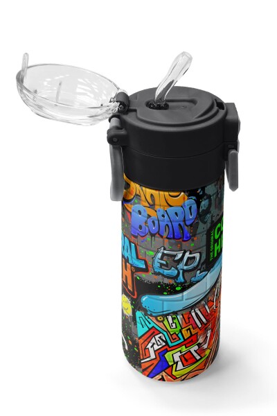 Coral High Kids Siyah Mavi Grafiti Desenli Pipetli ve Direkt İçim Çelik Termos 500 ml 31972 - 5