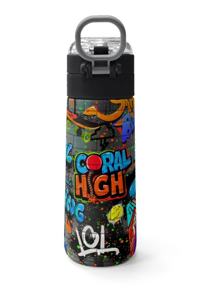 Coral High Kids Siyah Mavi Grafiti Desenli Pipetli ve Direkt İçim Çelik Termos 500 ml 31972 - 4