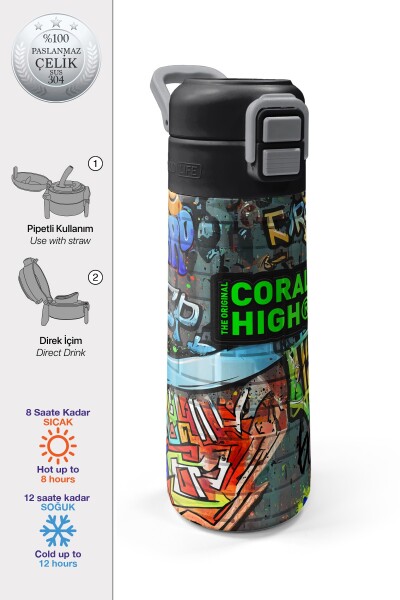 Coral High Kids Siyah Mavi Grafiti Desenli Pipetli ve Direkt İçim Çelik Termos 500 ml 31972 - 1