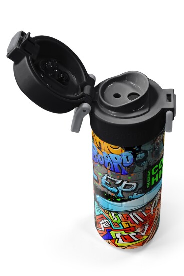 Coral High Kids Siyah Mavi Grafiti Desenli Pipetli ve Direkt İçim Çelik Termos 500 ml 31972 - 3