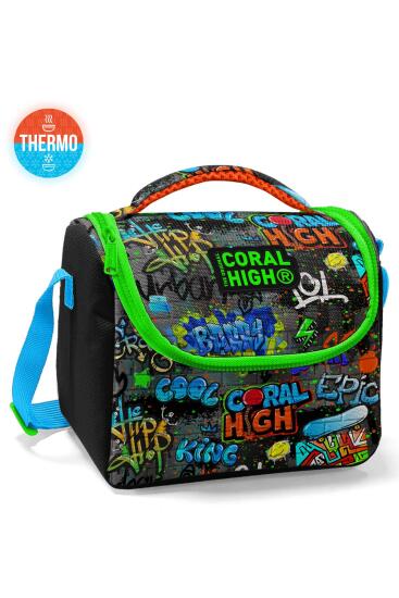 Coral High Kids Siyah Mavi Grafiti Desenli Thermo Beslenme Çantası 11828 